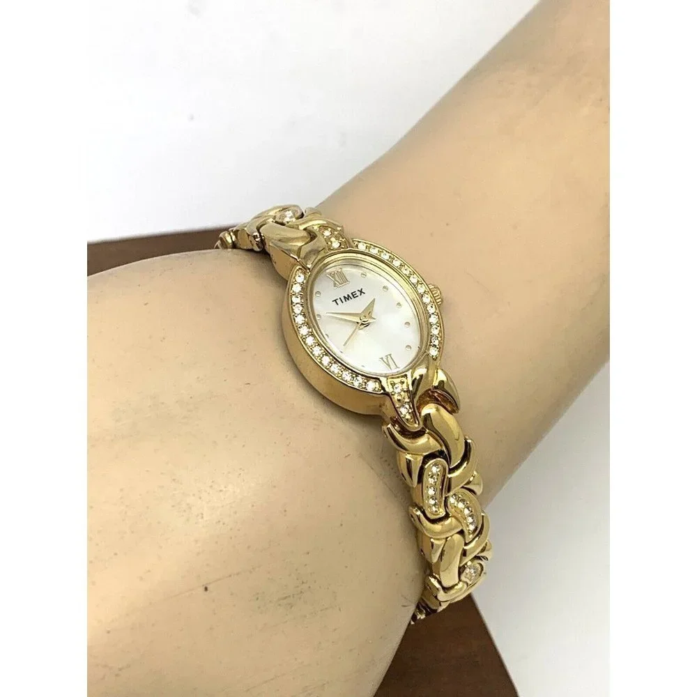 Timex Women's Watch TW2T49900 Oval Petite 19mm Quartz Mother of Pearl Gold Steel